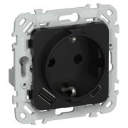 FLITE Розетка 1-местная с заземлением с защитными шторками 16А с USB A+C 20Вт безвинтовое крепление РСЮшс11-1-ФлЧ черный IEK